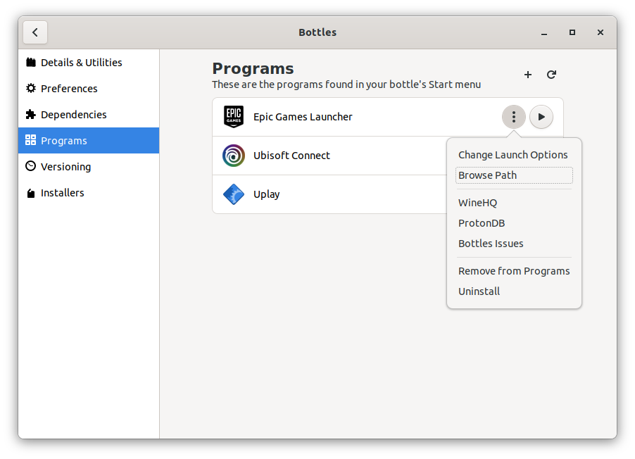 Bottles program list context menu